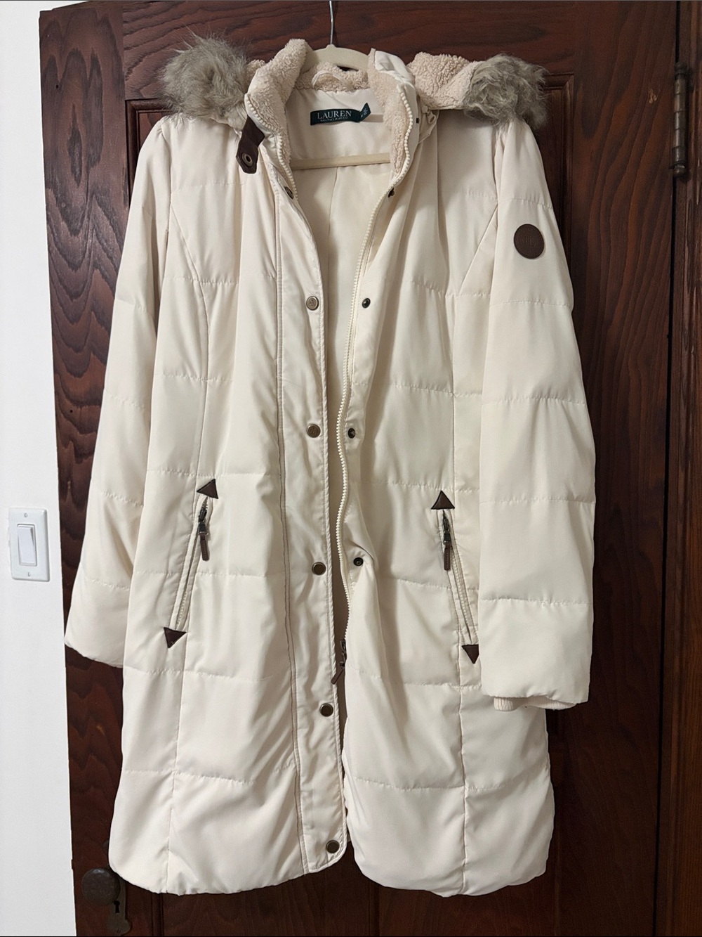 Lauren Ralph Lauren Cream Quilted Puffer Coat with Faux Fur-Trim Hood
